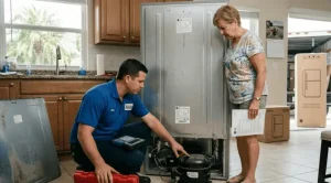 A visual decision matrix showing the factors between repairing an LG refrigerator compressor and choosing a full replacement in Sunrise, FL. It compares repair steps, warranty status, age-related wear, and specific cost estimates for both options ($500-$700 for repair vs. $1,800+ for replacement) to help homeowners decid