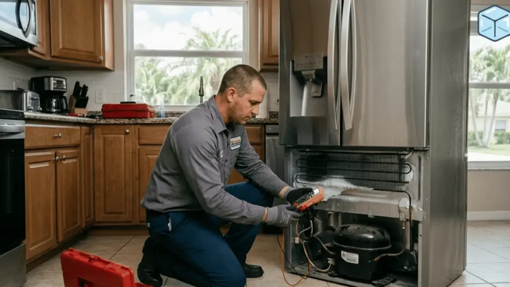 LG refrigerator compressor repair technician diagnosing cooling problems in Sunrise FL