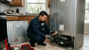 An appliance repair technician diagnosing LG refrigerator compressor problems using a multimeter in a Sunrise, FL home.