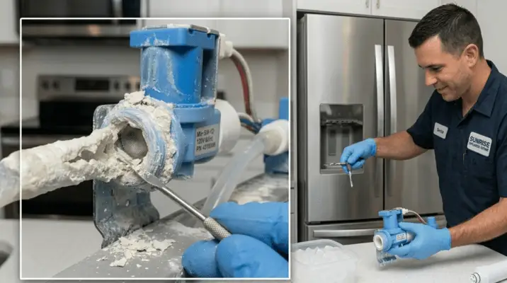 Technician cleaning heavy mineral scale buildup from refrigerator ice maker components in Sunrise FL home