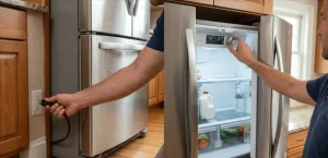 Homeowner checking refrigerator power connection and temperature settings before troubleshooting a refrigerator not cooling issue