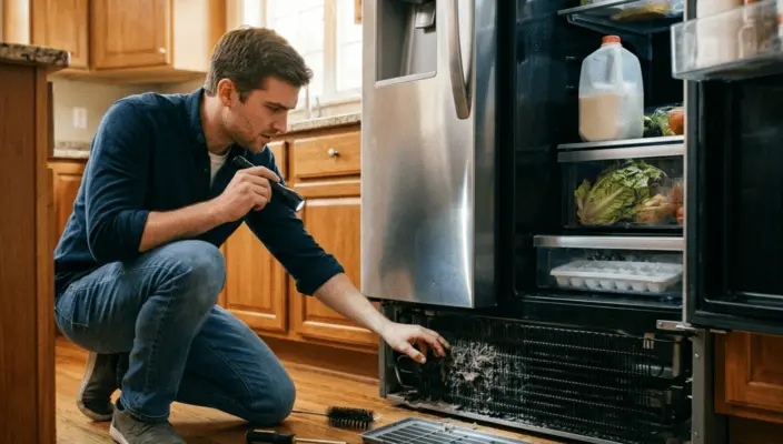 A man using a flashlight to check dirty condenser coils under an open fridge, troubleshooting why is my refrigerator not cooling common causes & fixes.