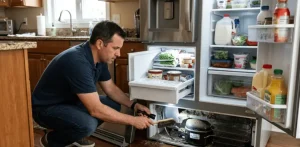 A homeowner troubleshooting why is my refrigerator not cooling common causes & fixes by using a flashlight and brush to clean dirty condenser coils at the bottom of an open kitchen fridge.