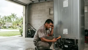An appliance technician sweating while diagnosing LG refrigerator compressor problems with a multimeter in a hot garage in Sunrise, FL.