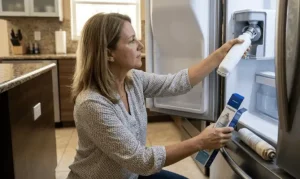 kitchen is shown installing a new Samsung water filter, a process necessary when dealing with a clogged or expired water filter that affects ice production.