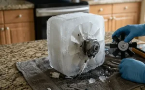 close-up view of a refrigerator evaporator fan assembly that is completely encased in a block of ice, with a technician in blue gloves inspecting it on a kitchen counter. This illustrates common causes of evaporator fan failure in South Florida.