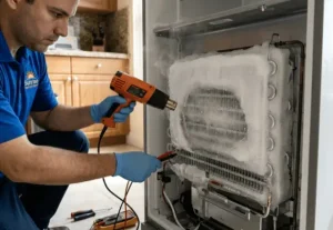 Sunrise Appliance Repair" technician in blue gloves diagnoses defrost system failures by testing electrical connections and using a heat gun on heavily frosted refrigerator coils.