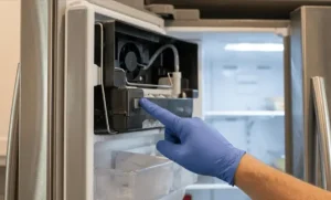 Technician pressing the reset button on a Samsung refrigerator ice maker during repair service in Sunrise FL