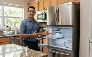 Samsung refrigerator ice maker repair technician in Sunrise FL pressing reset button
