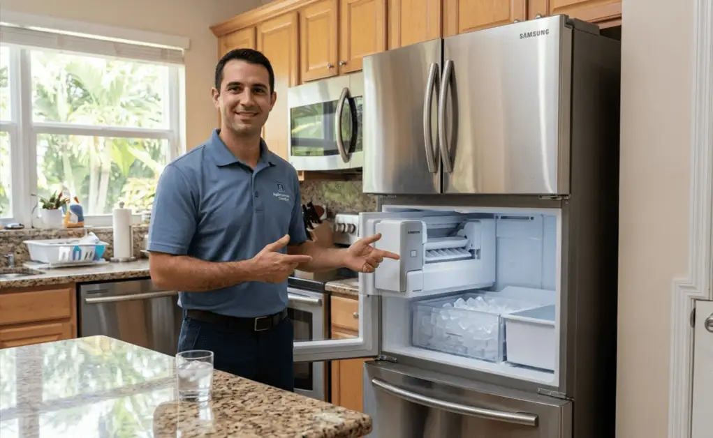 Samsung refrigerator ice maker repair technician in Sunrise FL pressing reset button