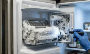 A technician inspecting heavy frost and ice buildup causing a Samsung refrigerator ice maker to stop working in a Sunrise, FL home.