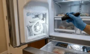 Heavy frost buildup on a Samsung refrigerator ice maker component being inspected by a hand in a blue glove with a flashlight, highlighting a common maintenance issue in Sunrise, FL.