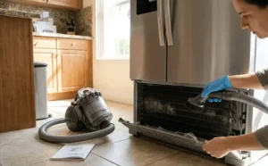 Dyson vacuum cleaner to clean the dirty condenser coils of a stainless steel refrigerator in a kitchen.