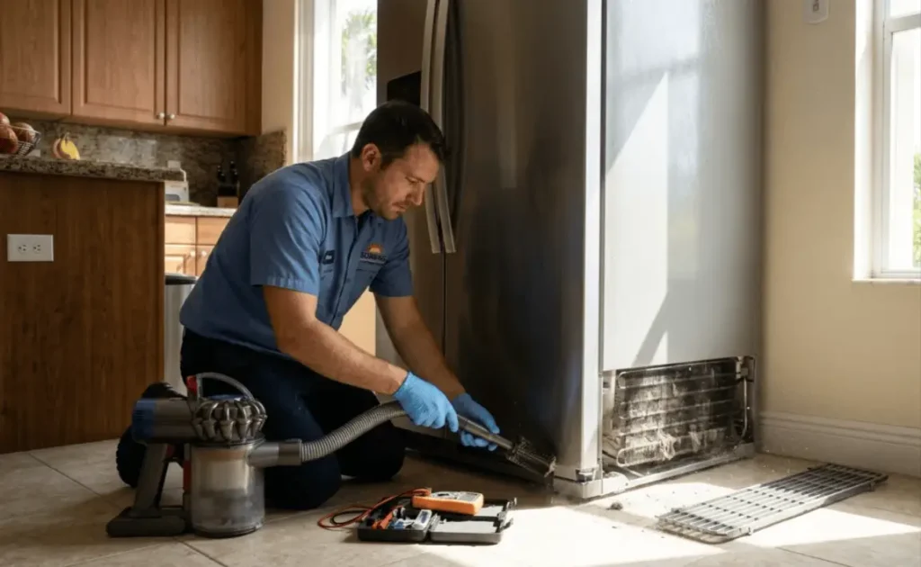 Sunrise FL appliance repair technician cleaning dirty condenser coils on a Whirlpool refrigerator that stopped cooling in a Broward County home