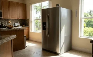 Whirlpool side by side refrigerator not cooling in a Sunrise FL home kitchen requiring same day appliance repair service