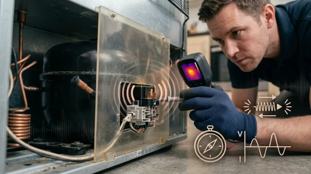Appliance repair technician testing a failing compressor start relay that clicks repeatedly on a refrigerator sunrise FL