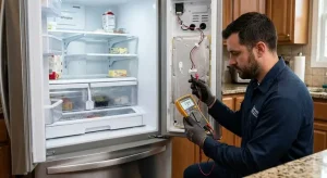Appliance repair technician testing a GE refrigerator thermistor wiring with a digital multimeter in Sunrise FL