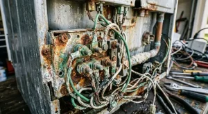 Close-up view of a metal junction with widespread rust, green corrosion, and deteriorated electrical connections.