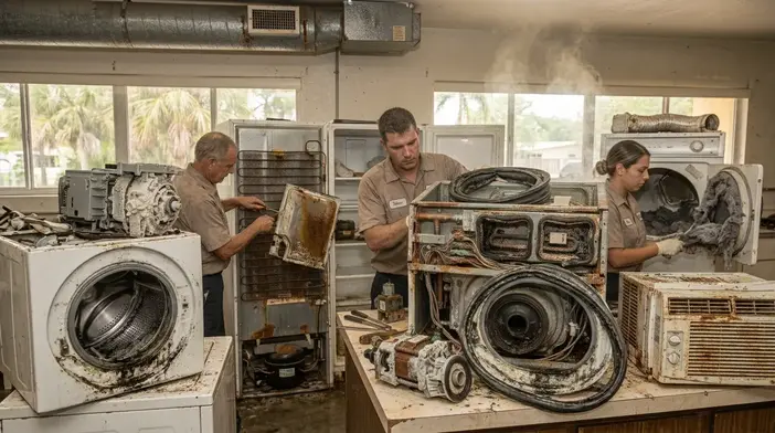 Green copper oxidation and rusted wiring terminals inside an appliance showing how South Florida's humidity destroys appliances faster.
