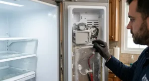 GE Refrigerator Freezer Too Cold but Fridge Warm: Causes and Repair technician in Sunrise uses multimeter to test control board sensors.