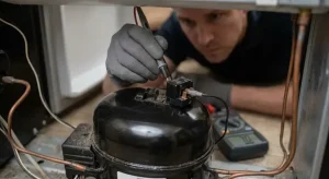 Refrigerator compressor start relay being tested by a technician, serving as an essential home maintenance check alongside top signs your home needs immediate roof repair.