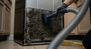 gloved hand using a vacuum attachment to clean thick dust and debris from refrigerator condenser coils to stop a loud humming noise.