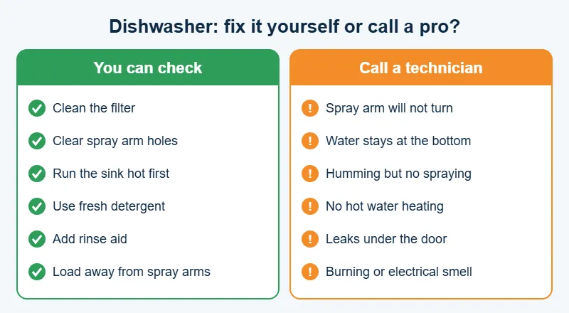 Checklist of dishwasher fixes you can do and when to call a technician