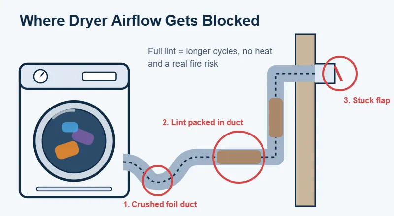 Diagram of a dryer vent showing a crushed foil duct, lint packed inside the duct and a stuck outside vent flap blocking airflow