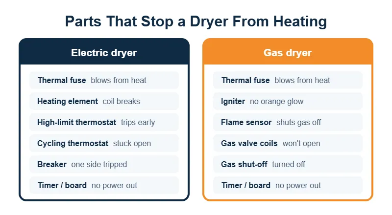 Chart comparing electric dryer heating parts such as the thermal fuse and heating element with gas dryer parts such as the igniter, flame sensor and gas valve coils