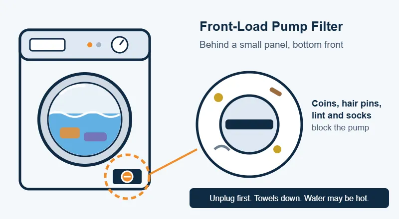 Diagram showing the drain pump filter behind the small access panel at the bottom front of a front-load washer, clogged with coins and lint