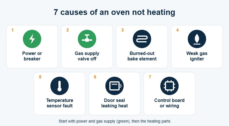 Chart of 7 common causes of an oven not heating