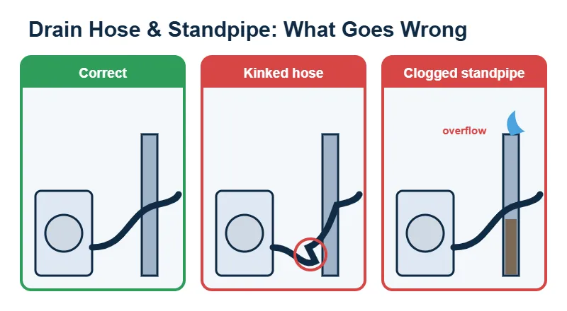 Illustration comparing a correct washer drain hose, a kinked drain hose and a clogged standpipe that overflows