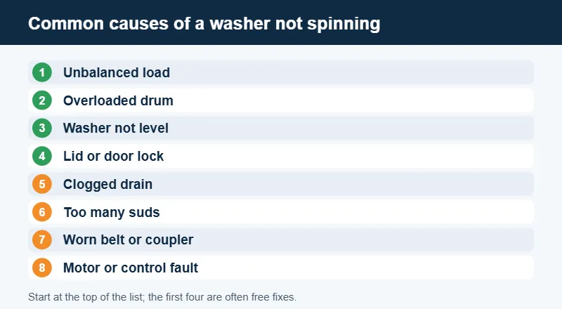 Chart of the most common reasons a washing machine won't spin